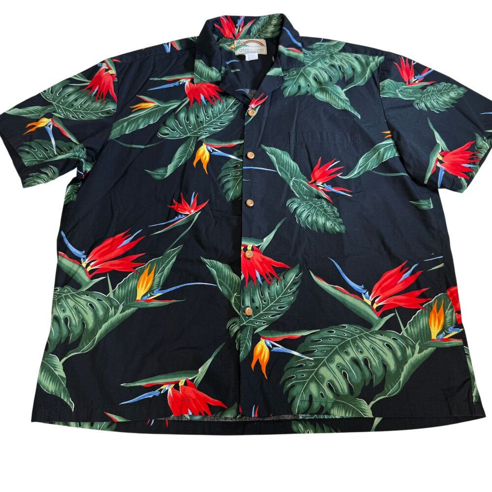 Vintage Paradise Found Hawaiian Aloha Shirt XL Black Bird of Paradise Floral USA